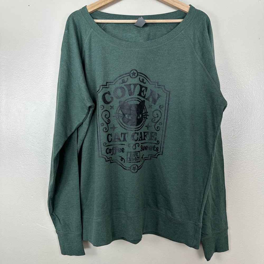 Instant Message‎ Women's 2XL Sweatshirt Green Coven Cat Cafe Graphic Pullover